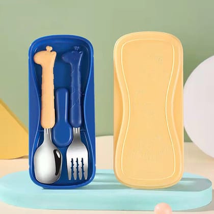 Giraffe Design Cutlery Set with Case for Kids-Yellow/Navy blue