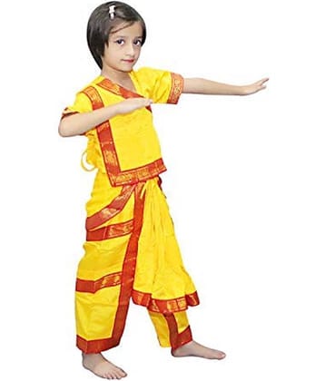 Kaku Fancy Dresses Ethnic Bharatnatyam Dance Costume -Yellow , 14-17 Years, For Girls