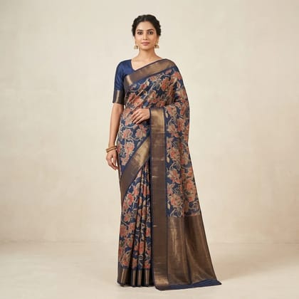 Navy Blue Kashmiri Silk Floral Print Golden Border Saree For Women Navy Blue Kashmiri Silk Floral Print Golden Border Saree For Women