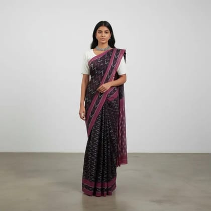 Magenta Pochampally Cotton Saree with Temple Border and Ikat Motifs Magenta Pochampally Cotton Saree with Temple Border and Ikat Motifs