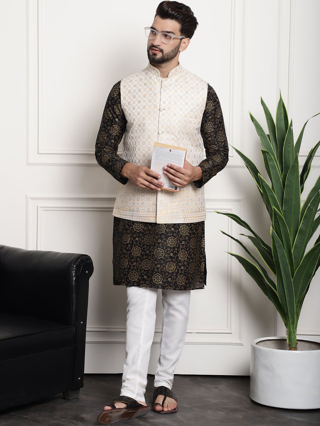 Men's Silk Blend Print Black Kurta and Cream Pyjama With Cream Nehru Jacket-36