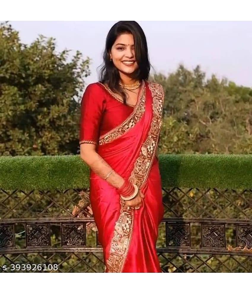 Shivadit ethnic Satin Embroidered Saree With Unstitched Blouse Piece ( Red )