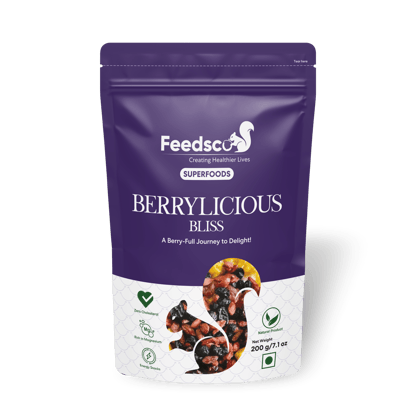 Feedsco Berrylicious Bliss - Mix Berries 200g Pack of 1 | Gluten Free, Non-GMO, Vegan | Blueberries, Strawberries, Dried Cranberries, Black Currants | Healthy Snack