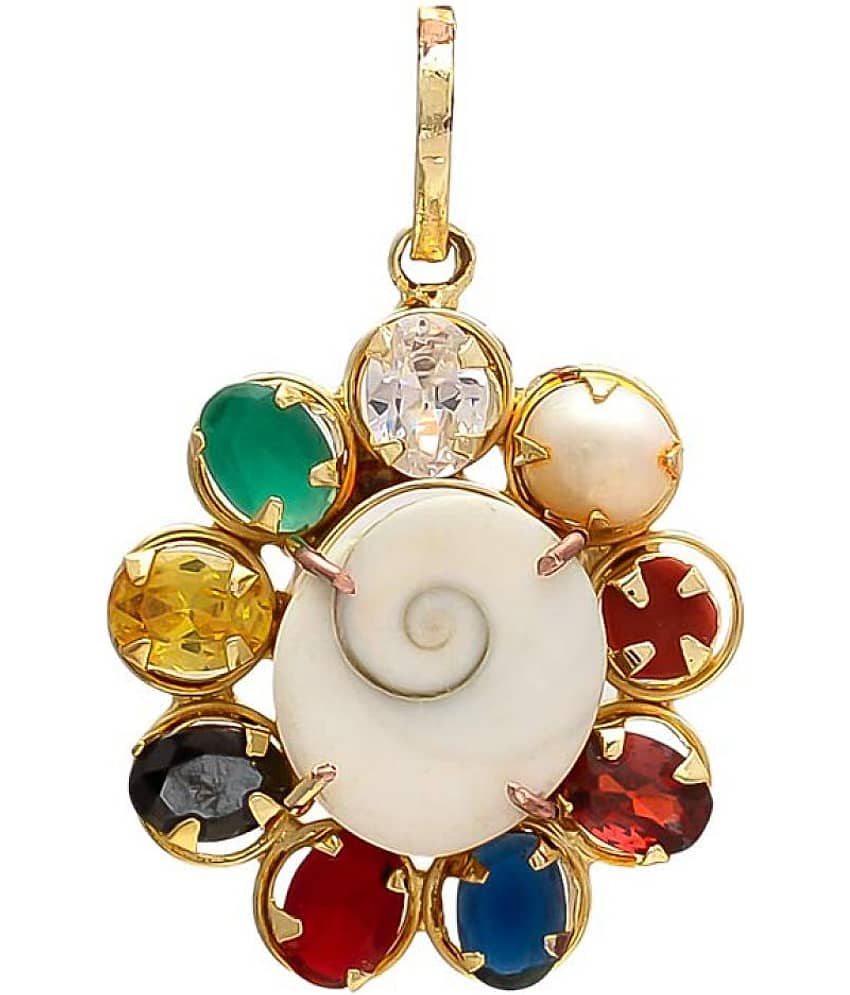 Navratna/Navratan Pendant With Gomti Chakra In The Centre For Health,Wealth & Good Fortune (1 Pc) Gold-plated Crystal Metal Pendant
