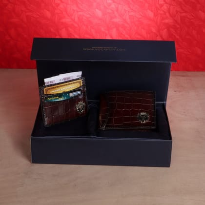 Combo of Dark Brown Croco Textured Leather Wallet and Card Holder with Metal Logo by Brune & Bareskin-FS