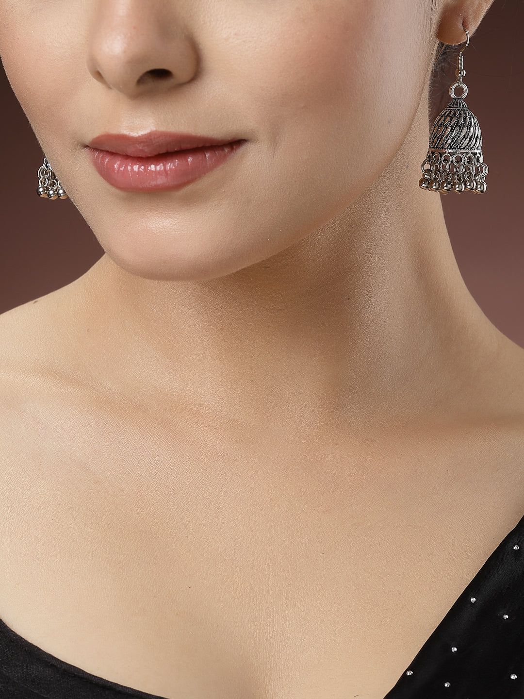 NVR Women Silver-Toned German Silver Oxidised Dome Shaped Jhumka Earrings-Onesize / Silver / German Silver