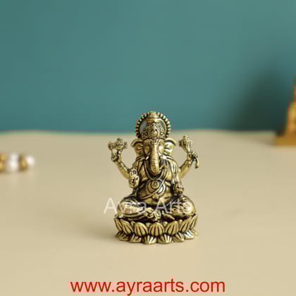 Premium Brass Ganesh Idol Sitting on Lotus - 2 Inch Height