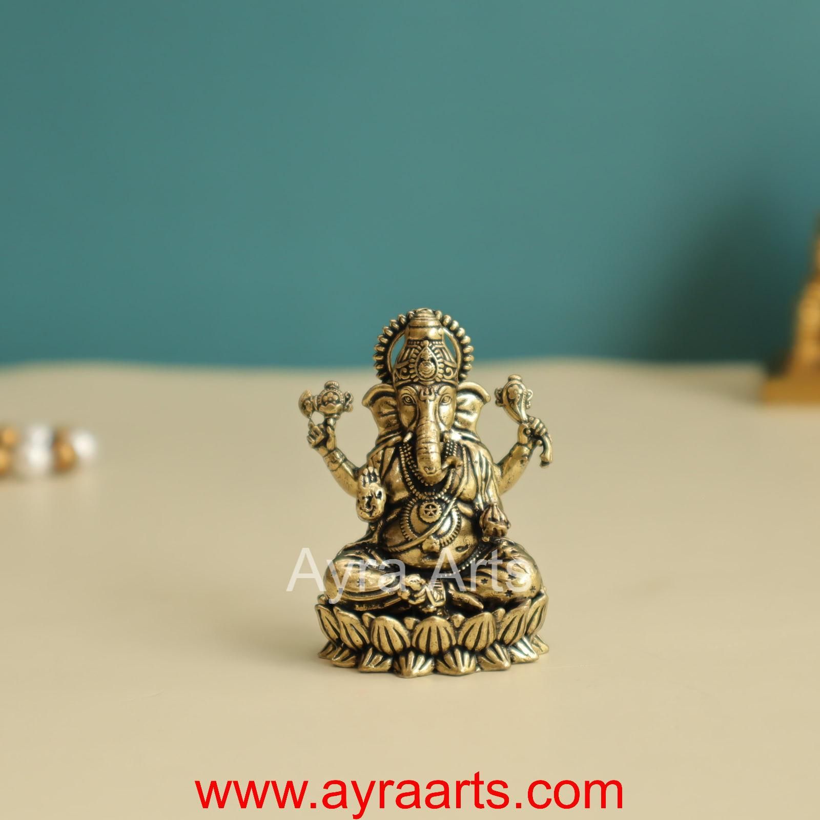 Premium Brass Ganesh Idol Sitting on Lotus - 2 Inch Height