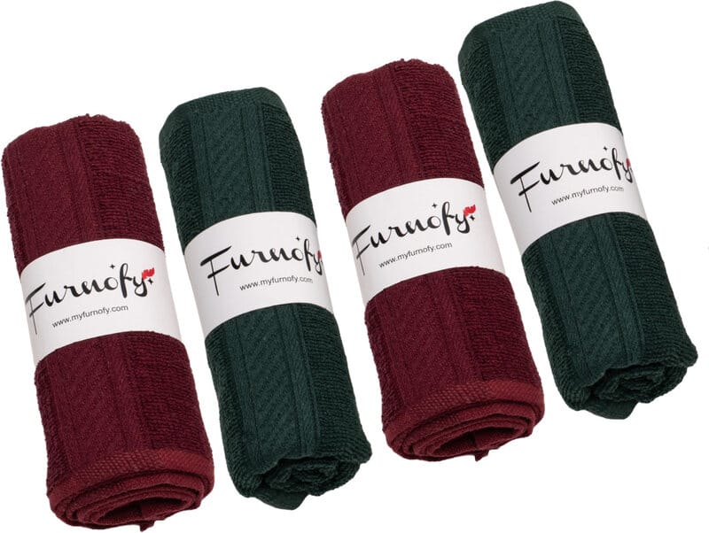 Furnofy Cotton 450 GSM Hand Towel Set Maroon, Green (Pack Of 4)