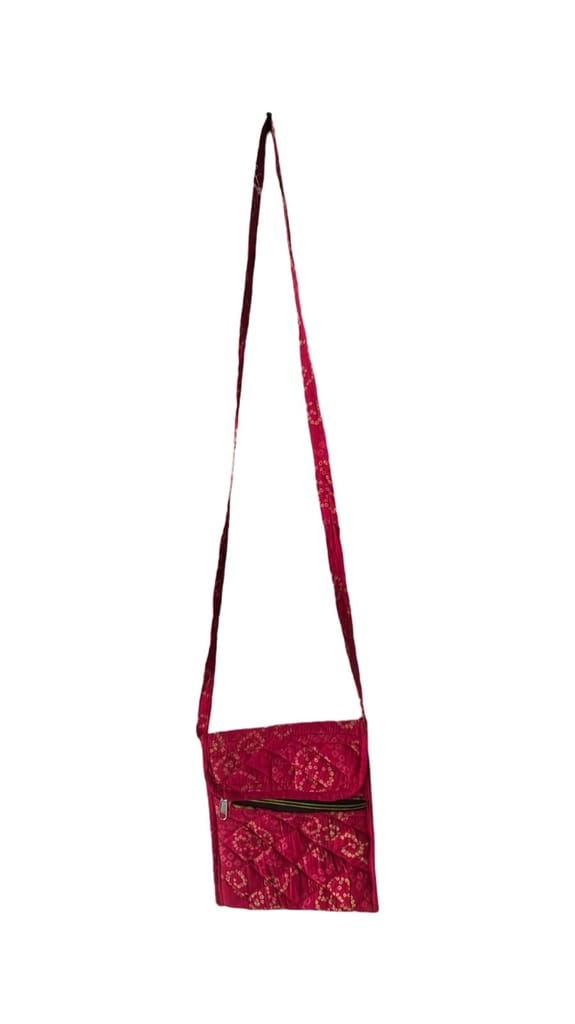 KALANKARI Red Handcrafted Cotton Sling Bag with Zipper Closure and Intricate Floral Embroidery