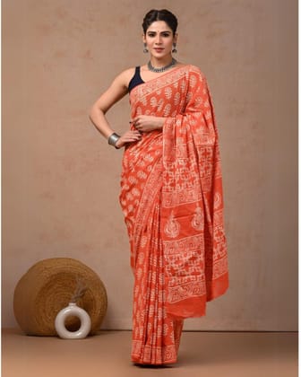Blockprinted Pure Mul Cotton Shining Orange Saree