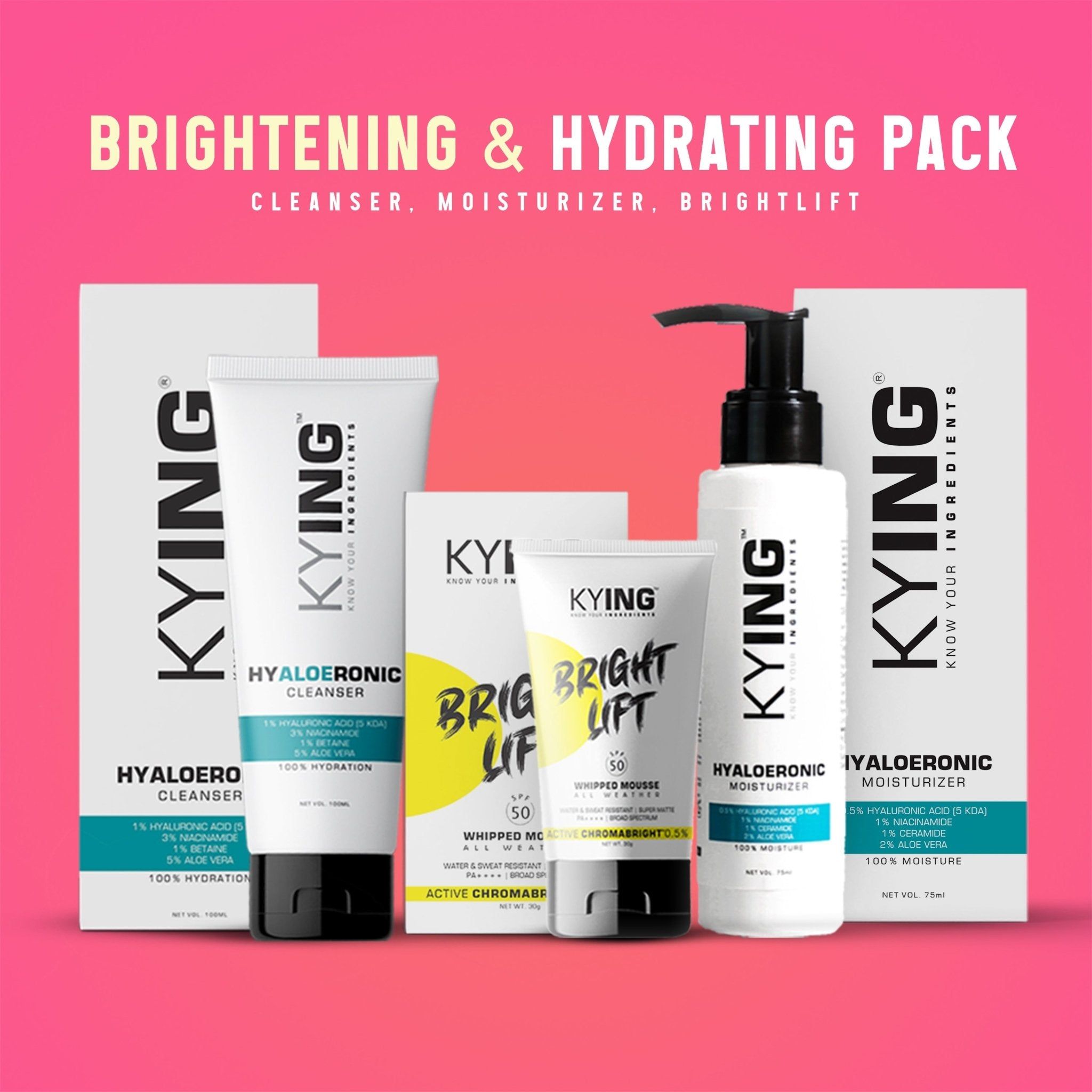 KYING Brightening & Hydrating Pack : Hyaloeronic Face Cleanser 100ml, Bright Lift Whipped Mousse 30g, Hyaluronic Moisturizer 75ml