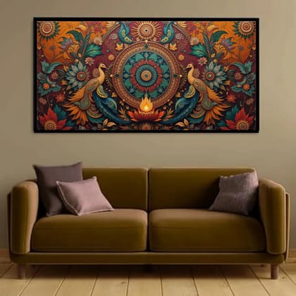 Luminary Minimalist Nature Folk Art – Indian Canvas Painting of Birds & Trees for Home Décor | Frame Size (127 X 69 Cm) | Frame Type (Black) | 5-Year Warranty