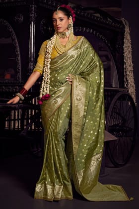 Muddy Green Pure Viscose Tissue Silk Hand Worked Saree