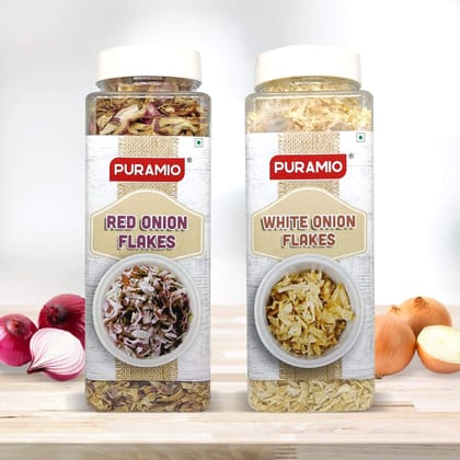 Puramio Combo Pack - 100% Natural White Onion Flakes, 300 gm & Red Onion Flakes, 200 gm