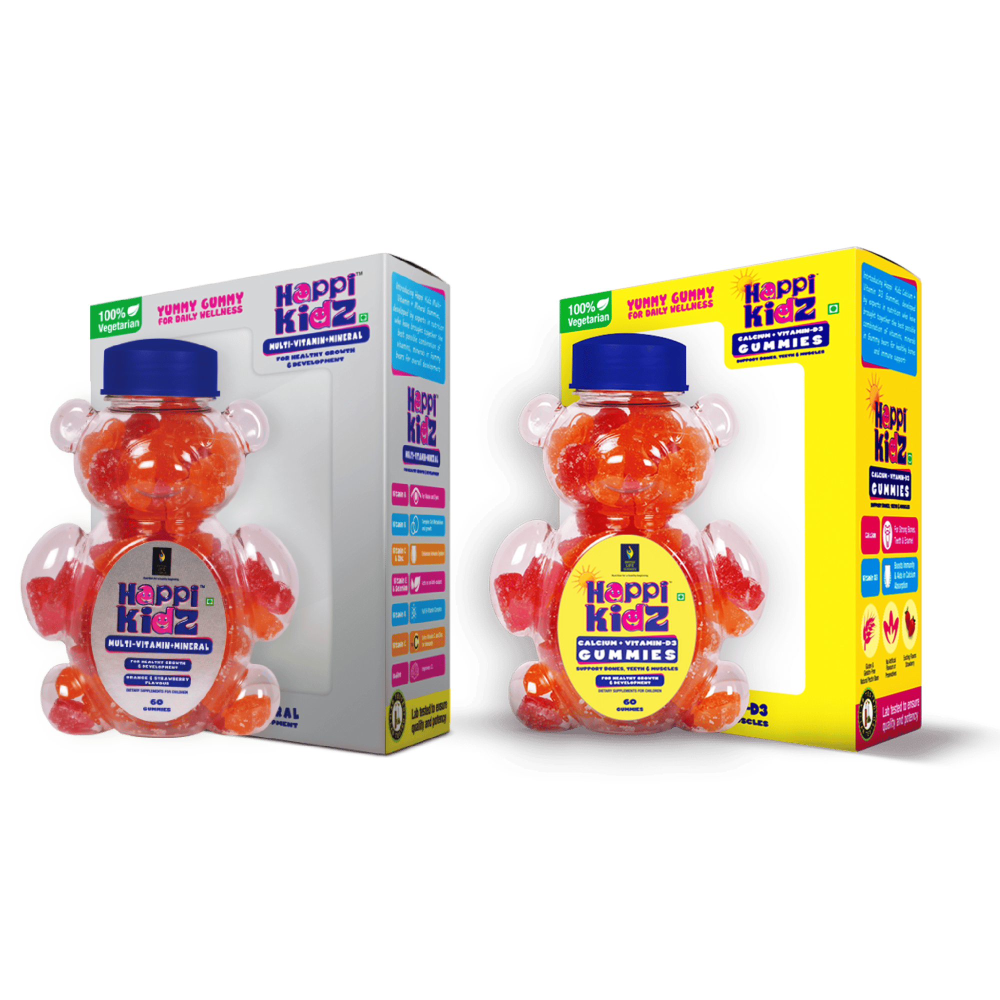 British Life Sciences Happi Kidz Calcium + Vitamin D3 Gummies & Happi Kidz Multivitamin Gummies Combo | Natural, Strong Bones, Muscles and Teeth, Boosts Immunity