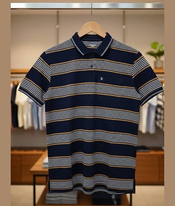 UNIBERRY Men Cotton Blend Regular Fit Striped Polo T Shirt ( Navy )