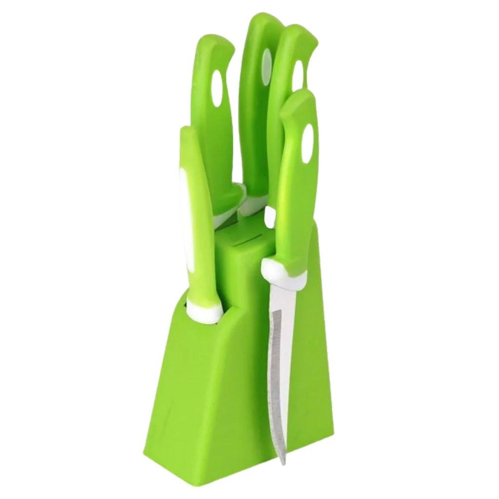 Stainless Steel Knife & Peeler Set with Stand - 6 Pcs (Multicolor)