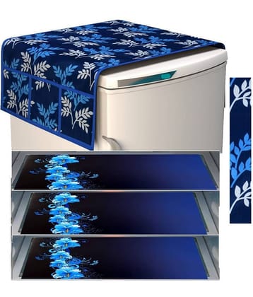 Laphino Polyester Floral Fridge Mat & Cover ( 93 53 ) Pack of 5 - Blue
