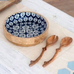 Handicraft Exim Hand-Carved Wooden Salad Bowl Set | Floral Enamel Inlay | Serving & Dining