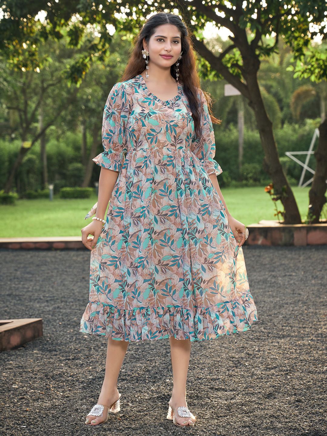 Orange Blue Leaf Printed Flared Dress-S