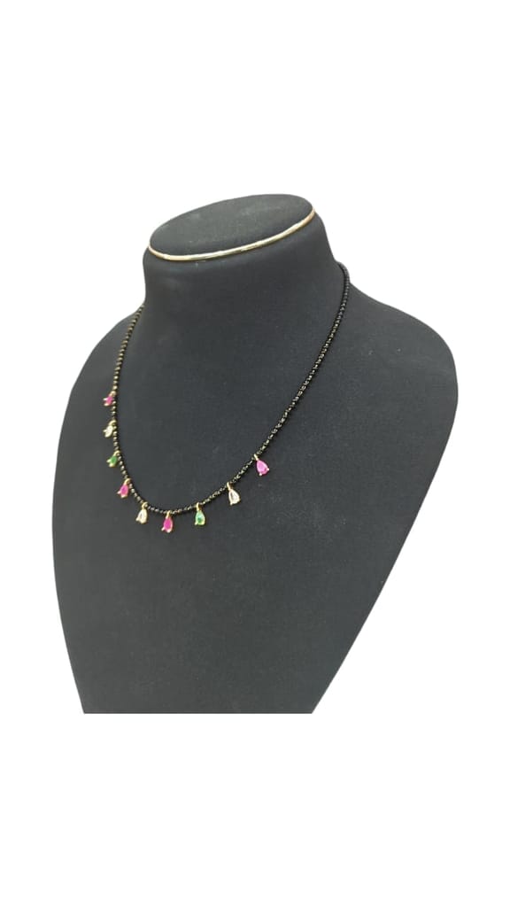 Black Beads Necklace with Gold Plated Pendants and Pink and Green Stones