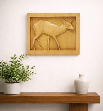 Hand-Carved Wooden Deer  Frame Wall Hanging ( small size  )