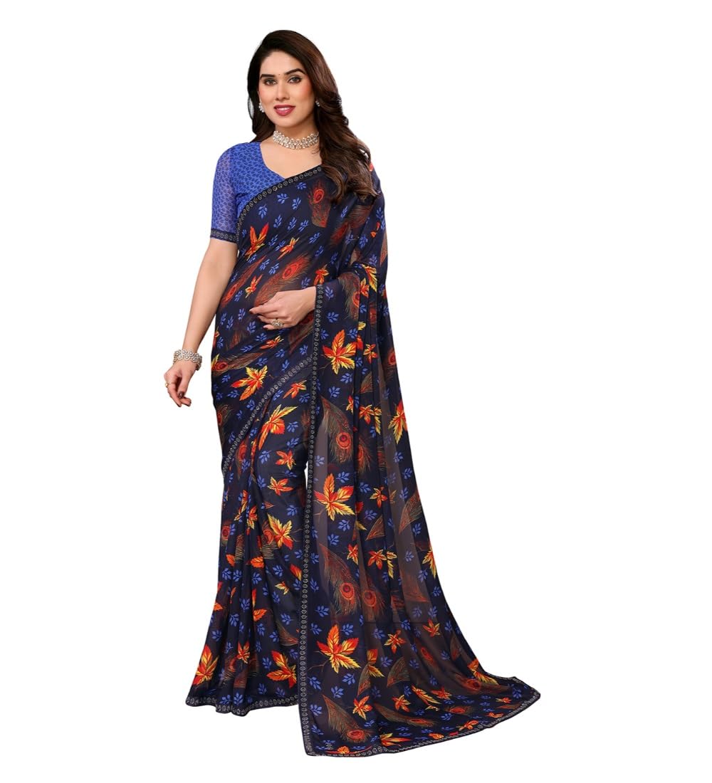 Women's Blue Georgette Printed Saree with Unstitched Blouse 5.5Mtr