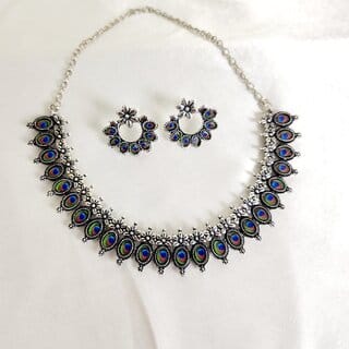 Elegant  Stylish Peacock Color Design Oxidized Silver Tone Necklace and Earrings Set   For women
