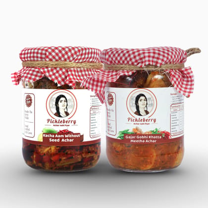 Pickleberry Raw Mango Without Seed + Gobhi Gajar Khatta Meetha Combo | Handmade Punjabi Style | Low-Oil | 1 KG (2 � 500g)