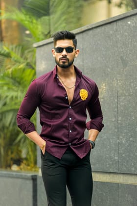 Wine lion embroidery premium satin cotton shirt