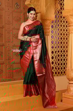 Shubh ~ Gadwal Pure Silk Handloom Saree in Royal Green with Rich Red