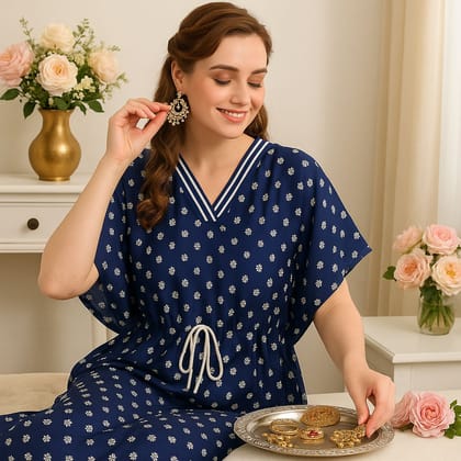 Women's Navy Blue Floral Kaftan Dress - V-Neck Design with Adjustable Drawstring Waist -  Comfortable Resort & Loungewear