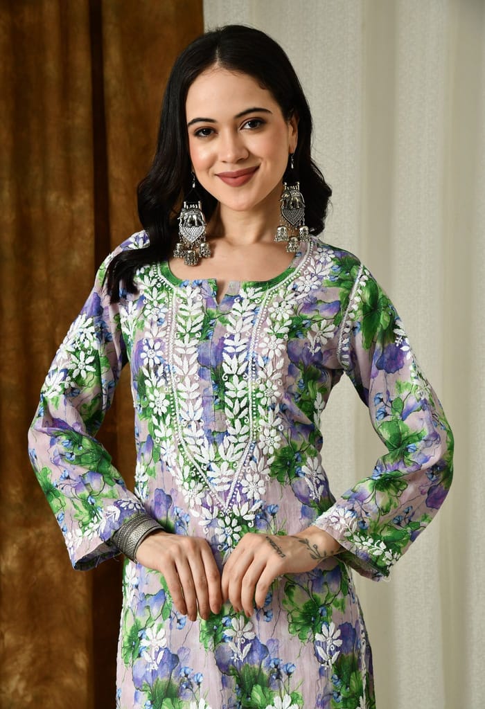 Multi color Mulmul Pure Cotton Lucknow Chikankari Kurta -Green