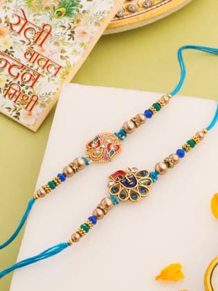 NVR Men Set of 2 Blue Artificial Stones & Beads Thread Rakhi with Roli Chawal Chandan & Mishri-One Size / Blue
