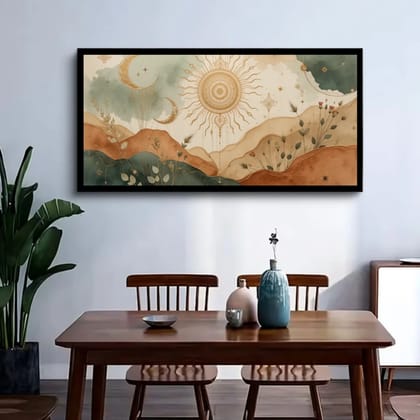 Luminary Celestial Meadowscape – Mystic Sun & Moon Museum-Quality Cotton Canvas Art for Meditation Room Décor | Frame Size (127 X 69 Cm) | Frame Type (Black) | 5-Year Warranty
