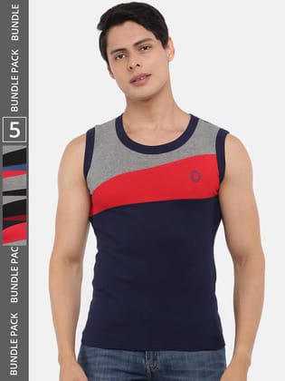 Men's Assorted Pack of 5 Solid Combed Cotton Racerback Styled Gym Vest