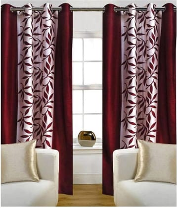 Panipat Textile Hub Floral Semi-Transparent Eyelet Long Door Curtain 9 ft Pack of 2 -Maroon