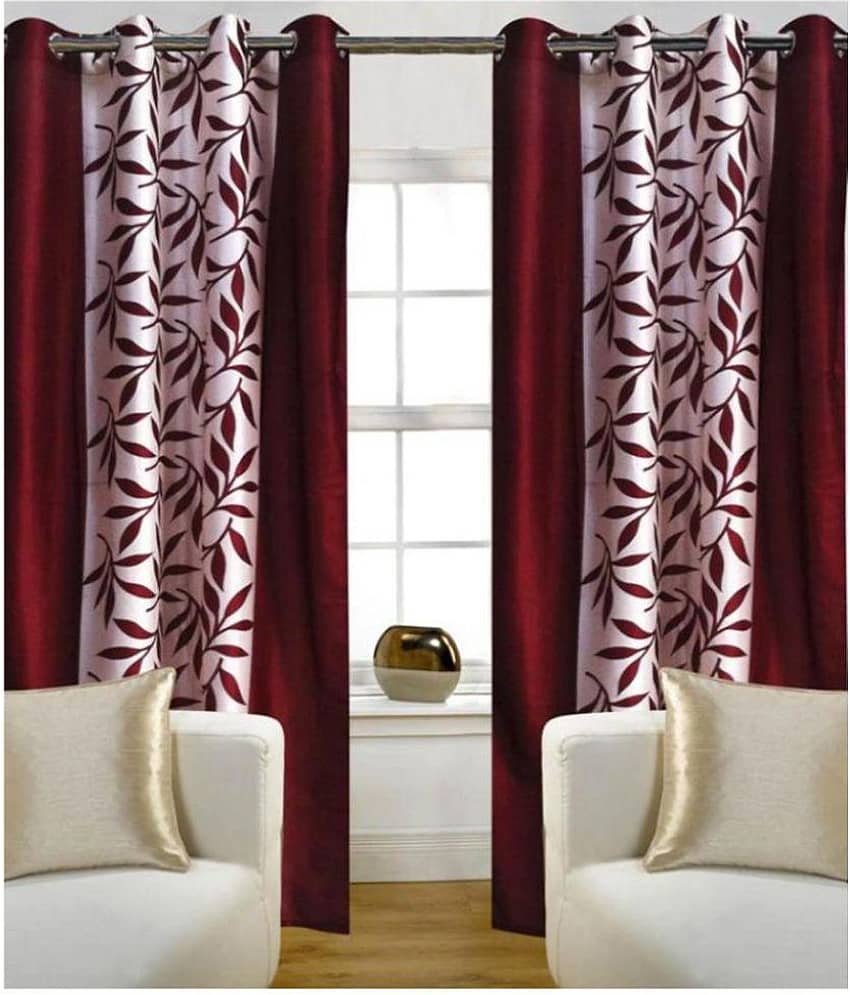 Panipat Textile Hub Floral Semi-Transparent Eyelet Long Door Curtain 9 ft Pack of 2 -Maroon