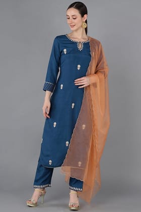 Teal Silk Blend Embroidered Kurta PKSKD1663