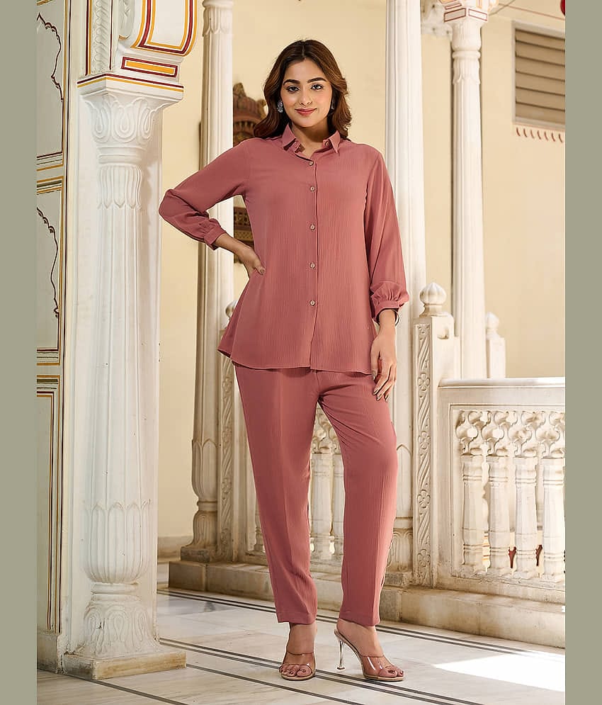 VIBE VISION Women Self Design Shirt With Trousers Co-Ord Set ( Rust )