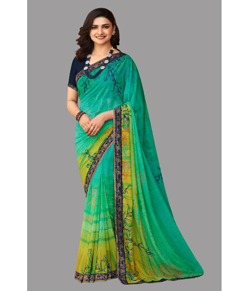 BLEESBURY Chiffon Printed Saree With Unstitched Blouse Piece ( Sea Green )