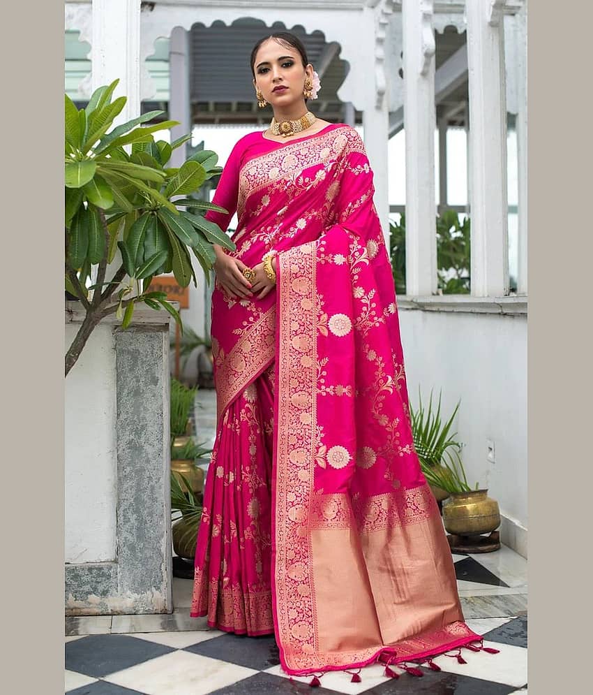 fab woven Art Silk Woven Kanjeevaram Sarees With Unstitched Blouse Piece ( Rani )