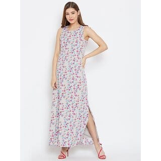 Purys Grey Floral Printed Sleeveless Maxi Dress for Woemen