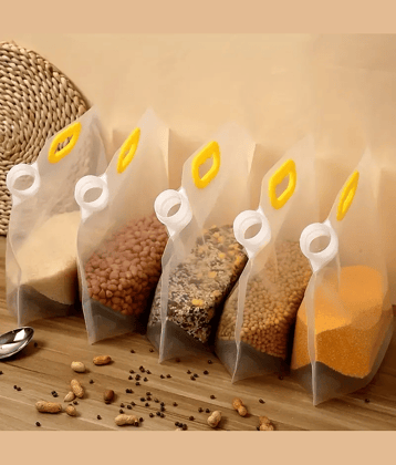 Reusable Moisture-Proof Airtight Food Storage Pouches – Space Saving Plastic Containers for Grains, Snacks, Coffee, Sugar, Tea (Pack of 5)