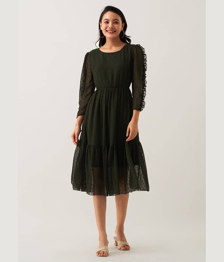 aask Women Polyester Blend Solid Fit & Flare Dress ( Green )