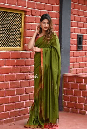 Saadgi ~Pure Cotton Handloom Sarees with Intricate Borders ~ Green