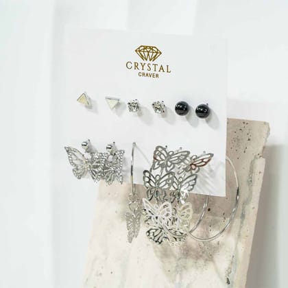 Silver Butterfly Hoops Earring Set Of 6