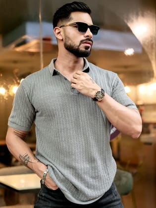 Classic Rib Knit Grey Polo T-Shirt-S / Grey