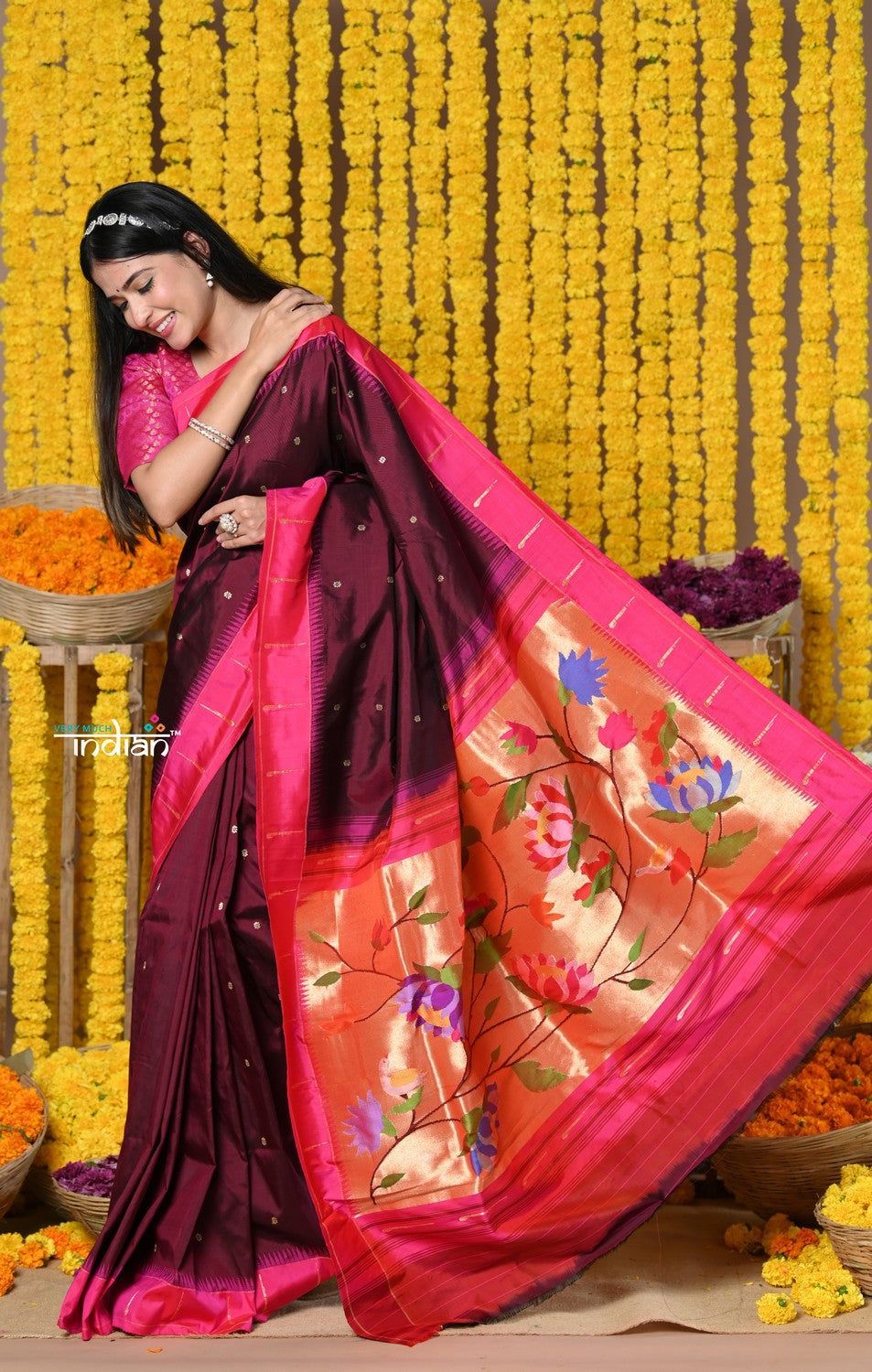 Rajsi~Designed By VMI Premium~ Handloom Pure Silk Muniya With Lotus Pallu in Wine